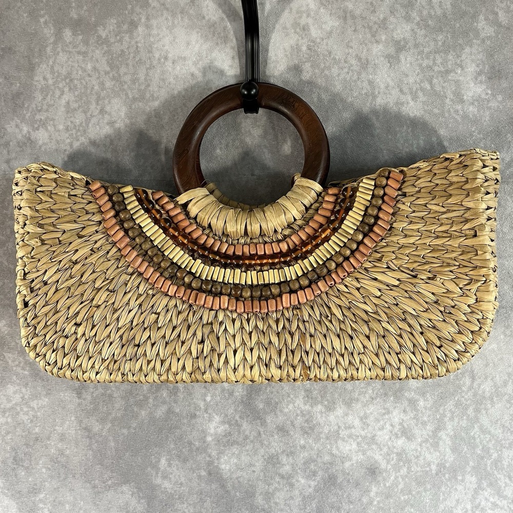 Nordstrom Straw Clutch Bag Womens Medium Tan Beaded Wood Ring Handle Woven Boho